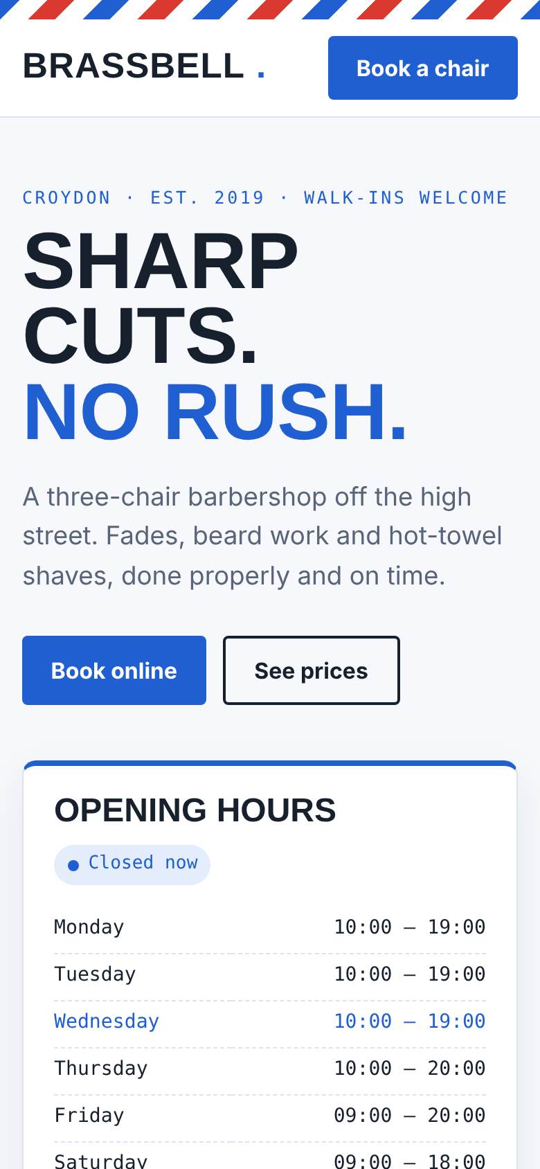 Brassbell Barbers website on a phone