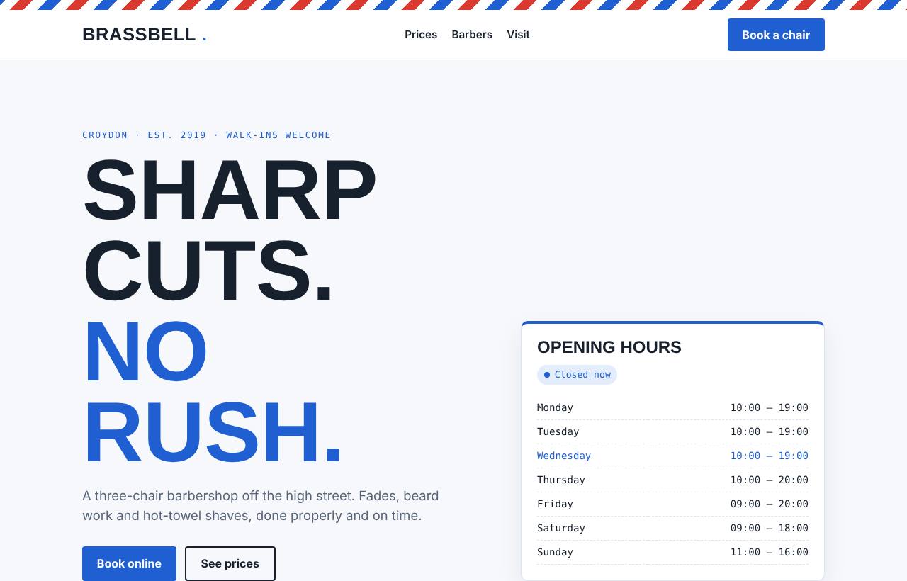 Brassbell Barbers website on desktop