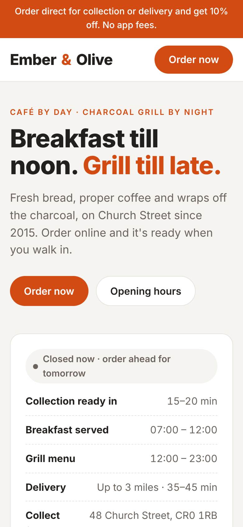 Ember & Olive café website on a phone