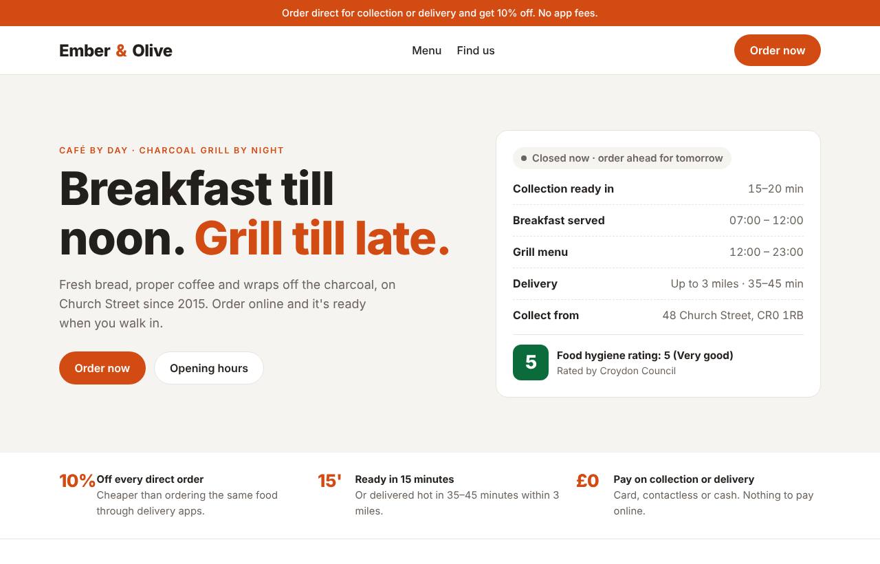 Ember & Olive café website on desktop