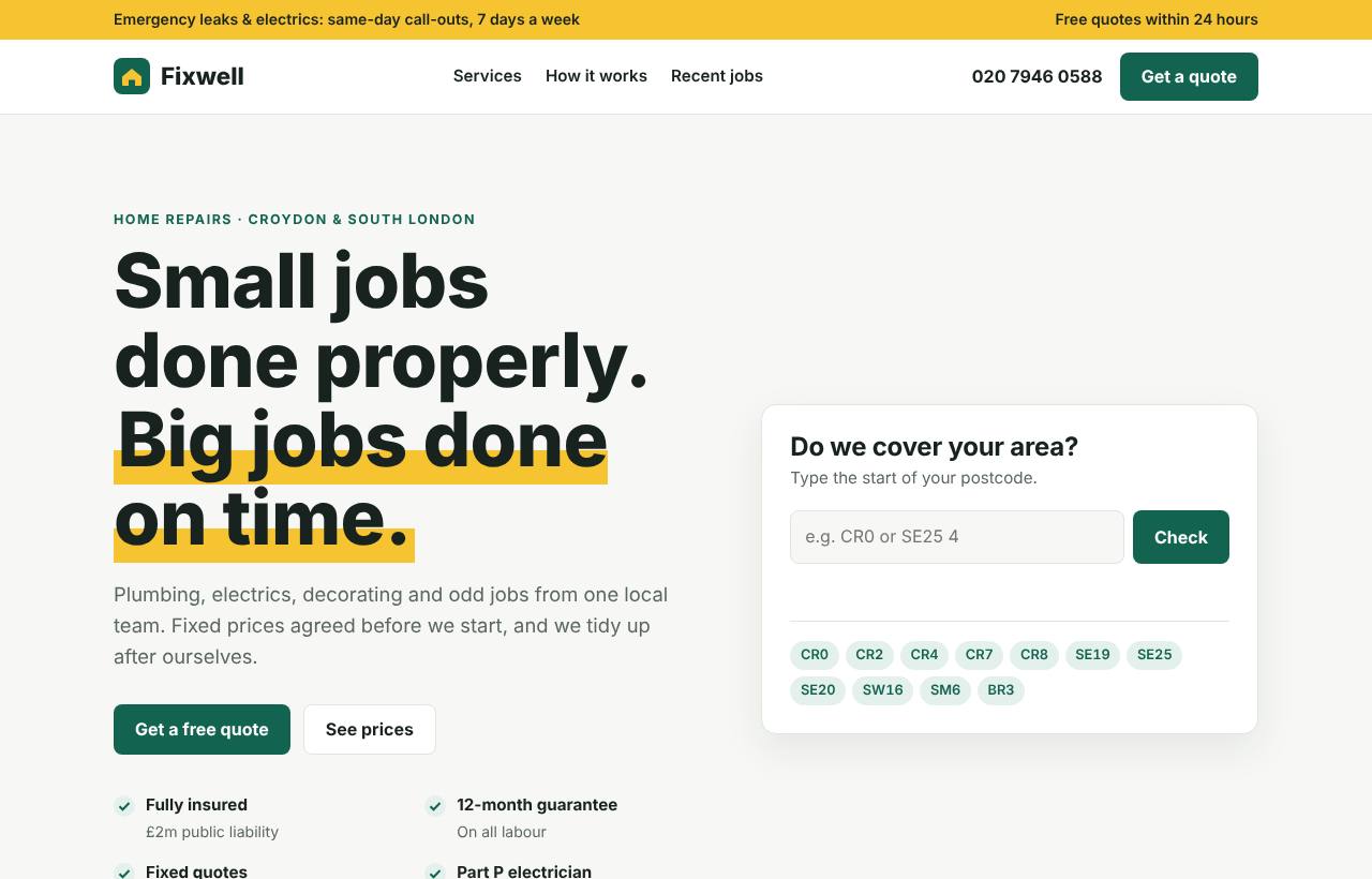 Fixwell Home Repairs website on desktop