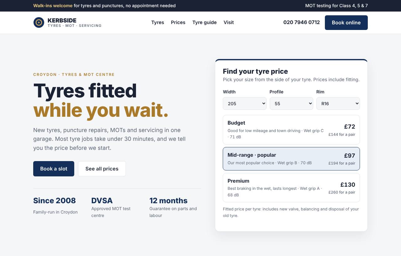 Kerbside Tyres and MOT website on desktop